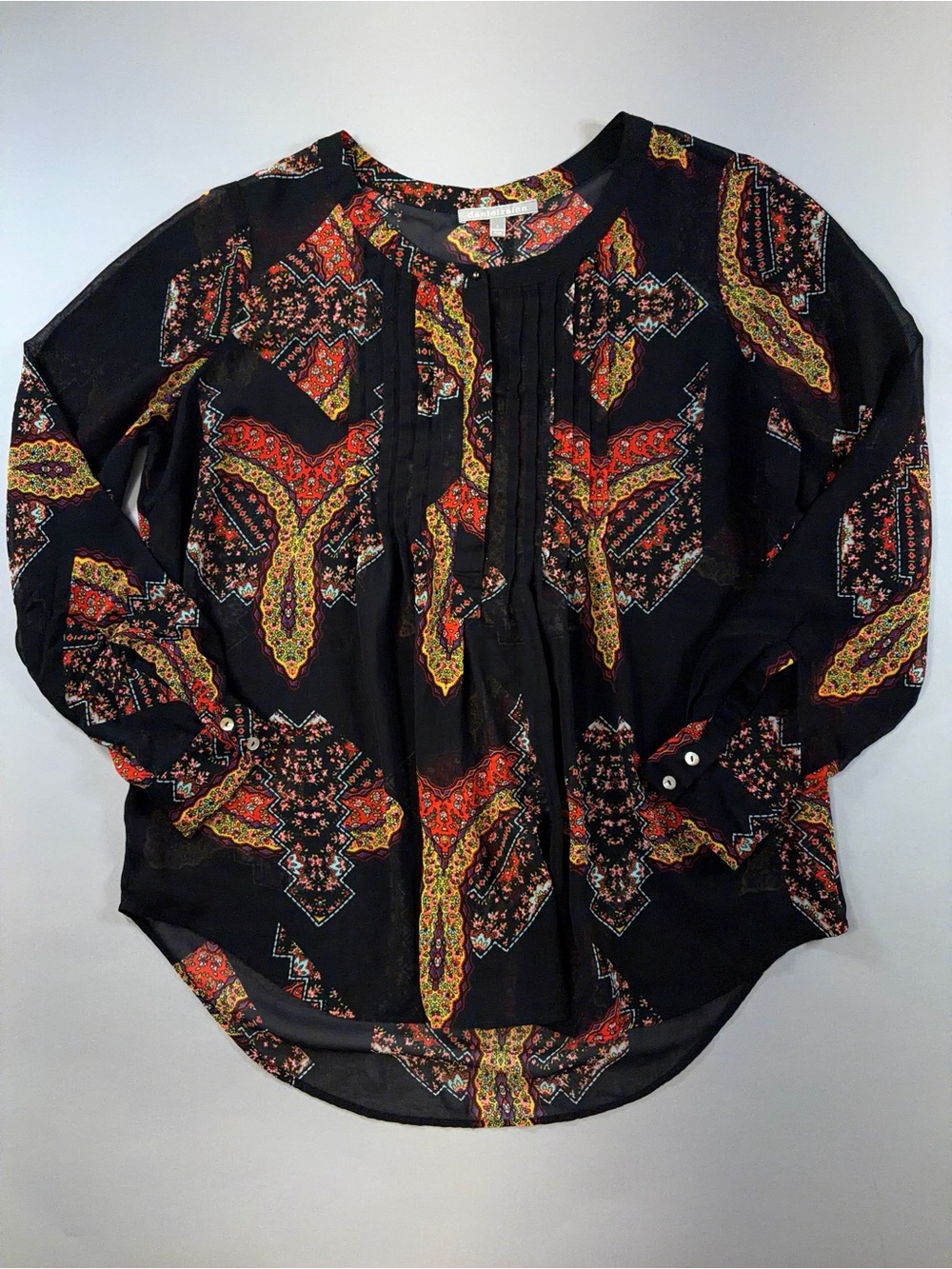 Daniel Rainn Sheer Black Boho Paisley Pintuck High Low Blouse